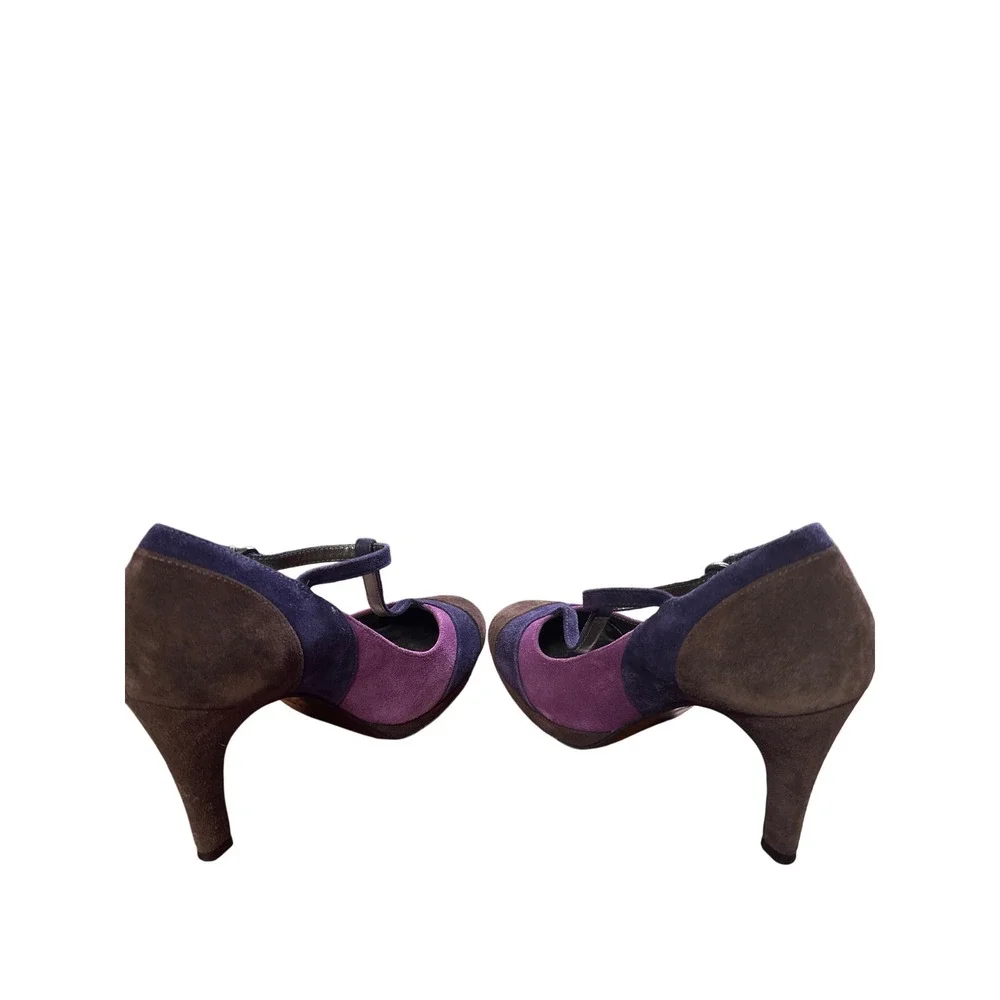 Boden Suede Leather T Strap High‎ Heel Pumps Brown Purple Retro Womens Shoes - Picture 3 of 6